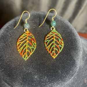 Silver Forest Open Leaves with Green Bead Dangle Earrings